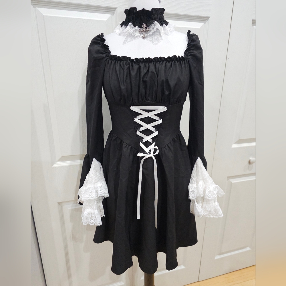 Dolls Kill Dark In Love Black & White Lace Goth Witchy Lace Up Mini Dress M